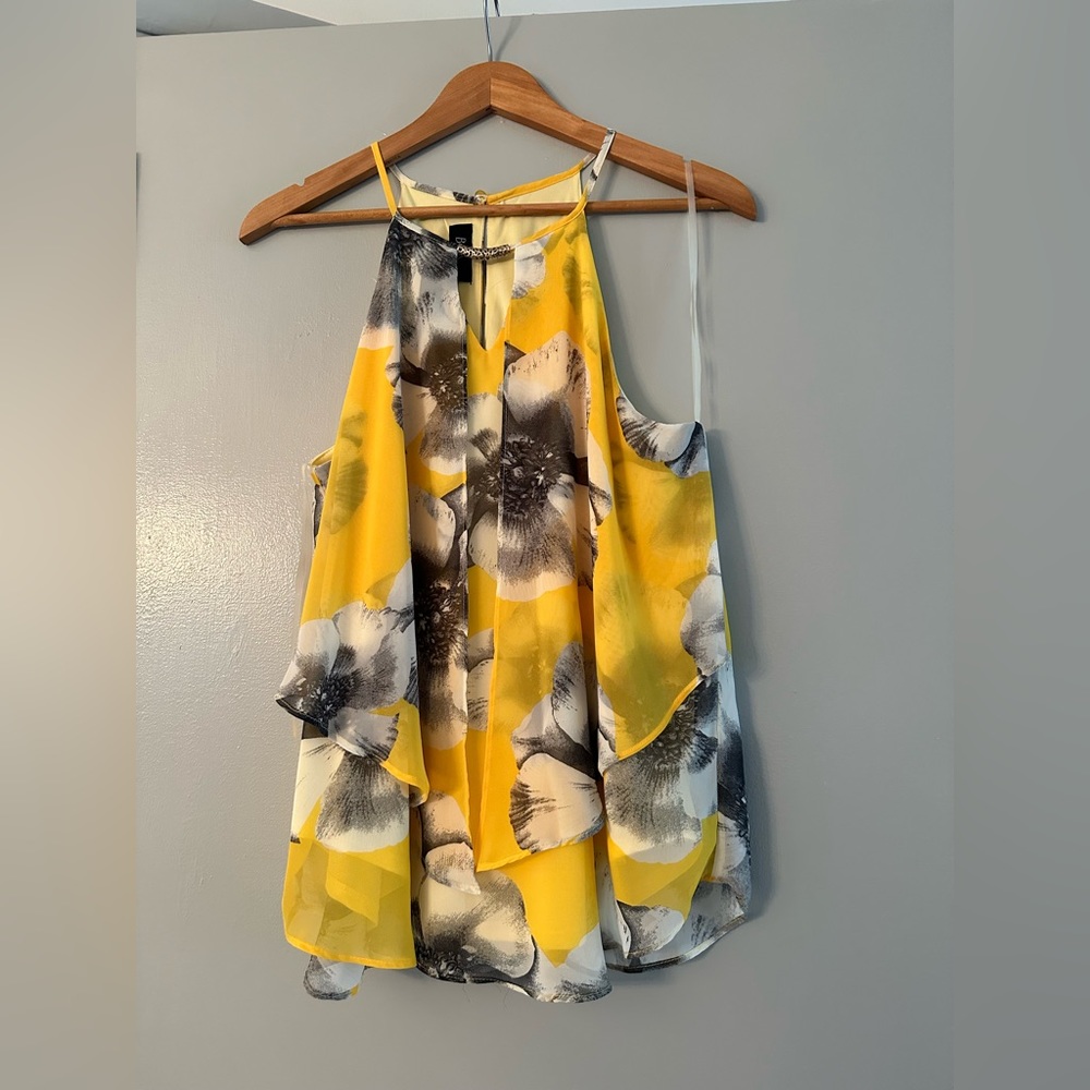 BCX light and airy floral layered halter top.